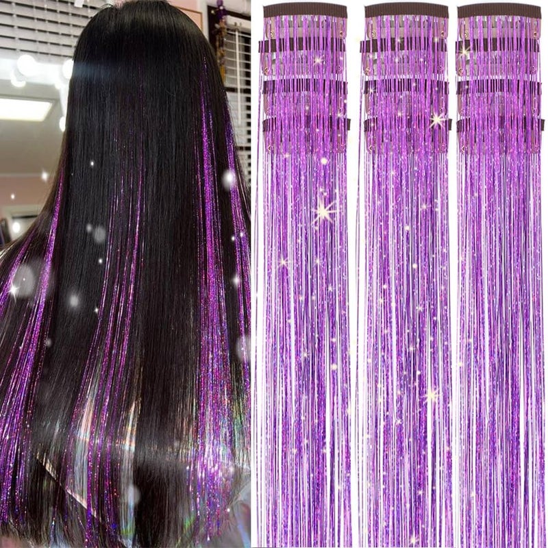 EROADE Hair Tinsel Clip in12 Pcs Purple Hair Tinsel Kit for Girls 22 Inch Glitter Fairy Tinsel Hair Extensions Colorful Heat Resistant Party Festival Accessories for Women (purple) - Image 1